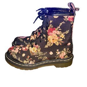 Dr Martens Lace Up Boot Women's 6 Black Pink Canvas Victorian Floral Doc 8 Eye
